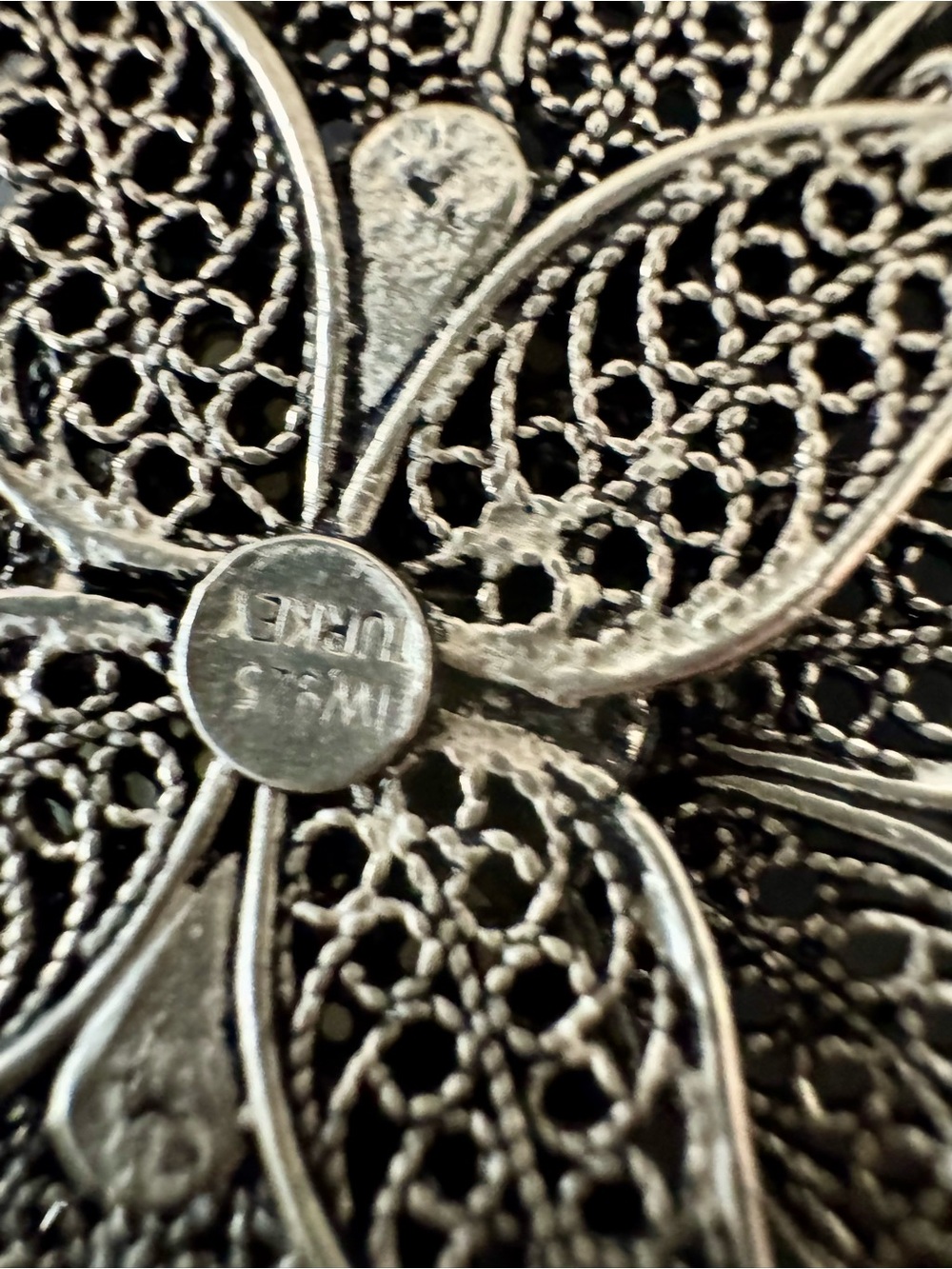 Turkey Sterling Silver Filigree Pendant with Mother of Pearl Cabochon - 2 3/4” - Picture 5 of 7